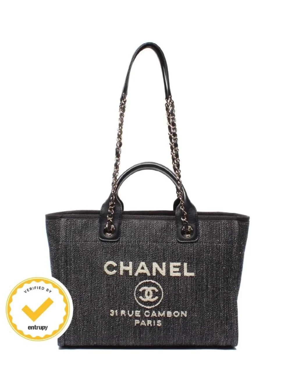 Chanel Chain Shoulder Bag Handle Denim Gold Deauville MM